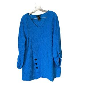 Ali miles tunic top women XL blue cotton blend textured roll tab sleeve artsy